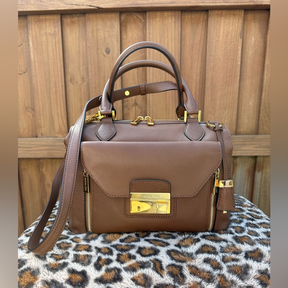Michael Kors Women's Brown Leather Detachable Strap Top-Zip Satchel Bag